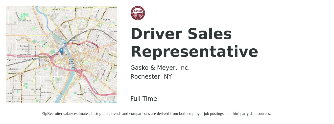 Gasko & Meyer, Inc. job posting for a Driver Sales Representative in Rochester, NY with a salary of $18 Hourly with a map of Rochester location.