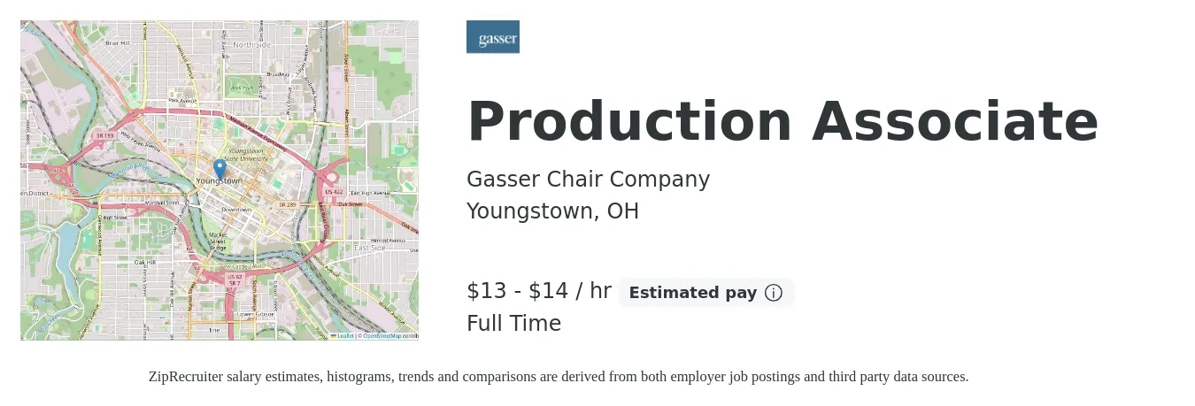 Gasser Chair Company job posting for a Production Associate in Youngstown, OH with a salary of $14 to $15 Hourly with a map of Youngstown location.