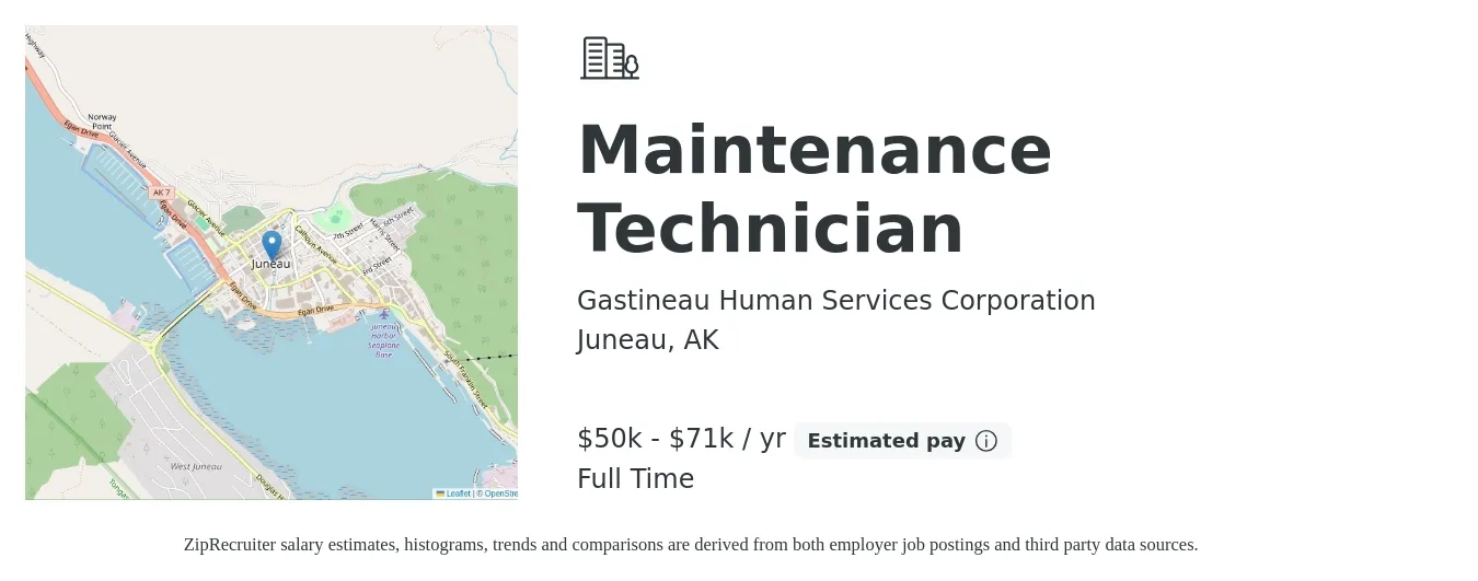 Gastineau Human Services Corporation job posting for a Maintenance Technician in Juneau, AK with a salary of $50,000 to $71,000 Yearly with a map of Juneau location.