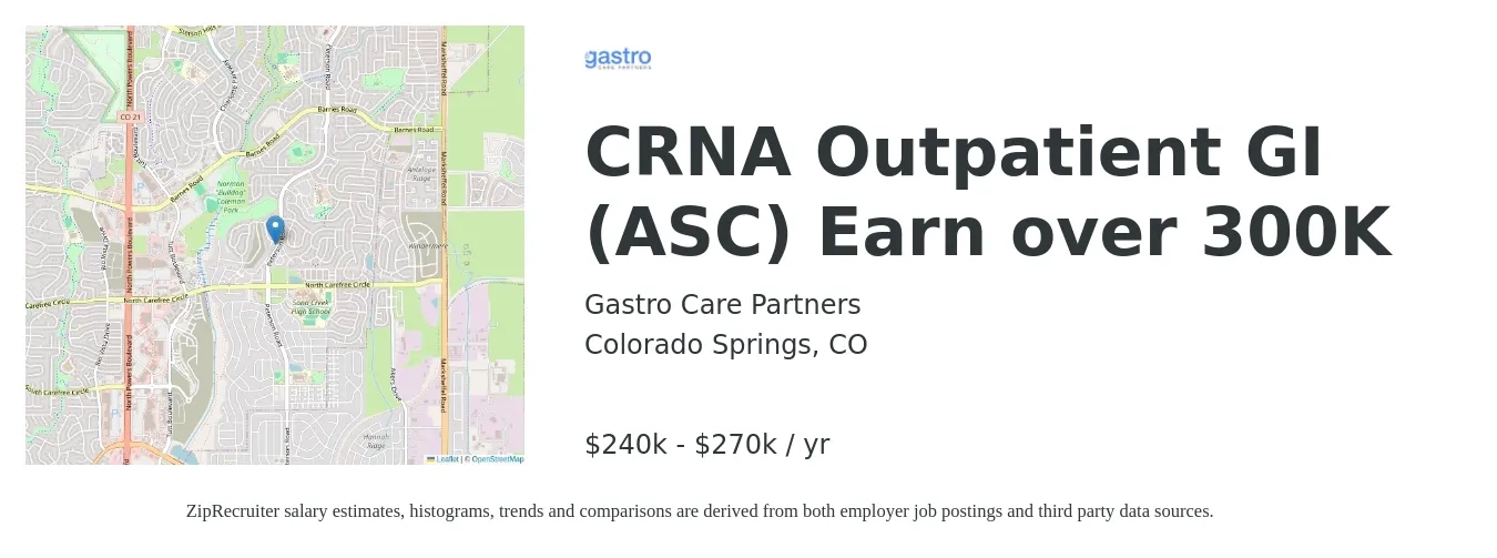Gastro Care Partners job posting for a CRNA Outpatient GI (ASC) Earn over 300K in Colorado Springs, CO with a salary of $230,000 to $250,000 Yearly with a map of Colorado Springs location.