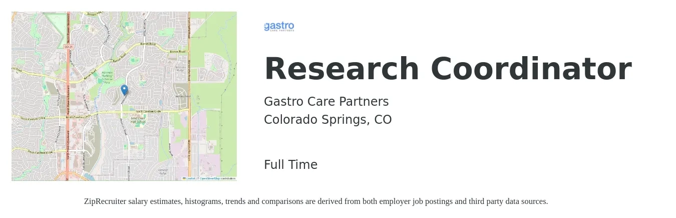 Gastro Care Partners job posting for a Research Coordinator in Colorado Springs, CO with a salary of $20 to $24 Hourly with a map of Colorado Springs location.
