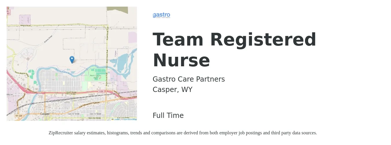 Gastro Care Partners job posting for a Team Registered Nurse in Casper, WY with a salary of $34 to $52 Hourly with a map of Casper location.