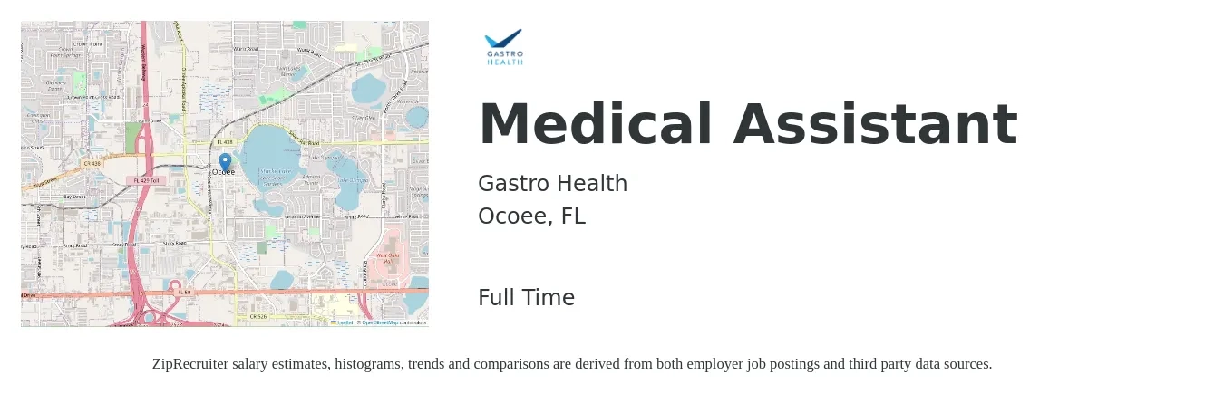 Gastro Health job posting for a Medical Assistant in Ocoee, FL with a salary of $16 to $20 Hourly with a map of Ocoee location.