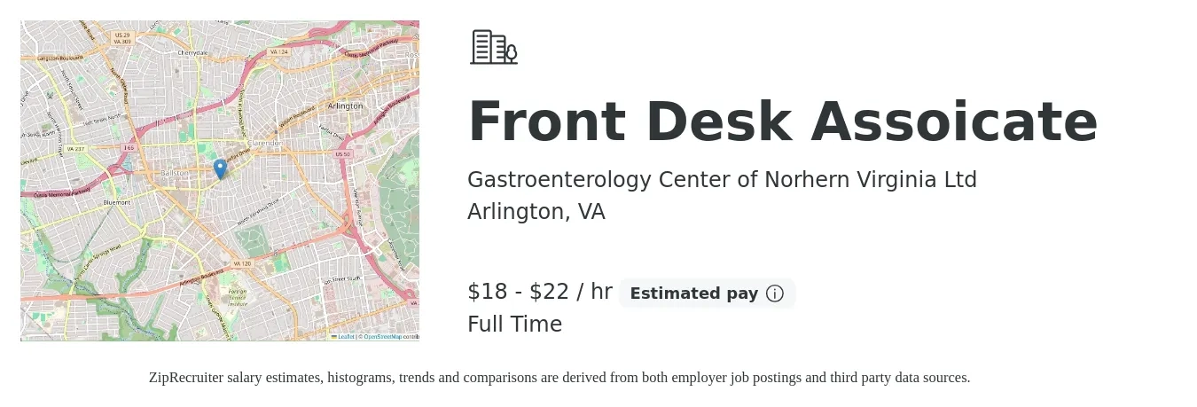 Gastroenterology Center of Norhern Virginia Ltd job posting for a Front Desk Assoicate in Arlington, VA with a salary of $19 to $23 Hourly with a map of Arlington location.