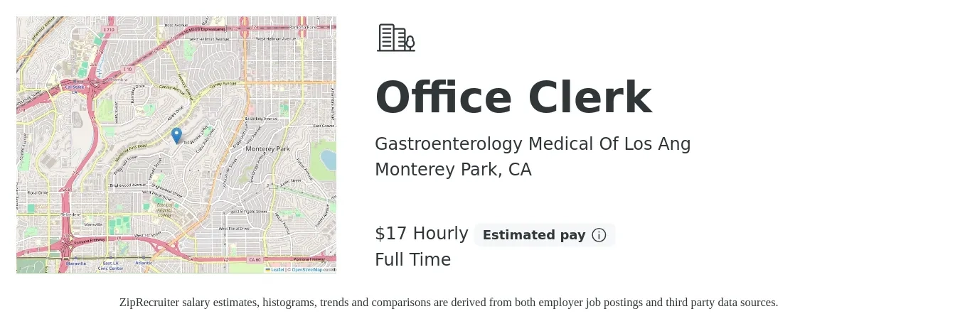 Gastroenterology Medical Of Los Ang job posting for a Office Clerk in Monterey Park, CA with a salary of $18 Hourly and benefits including pto with a map of Monterey Park location.