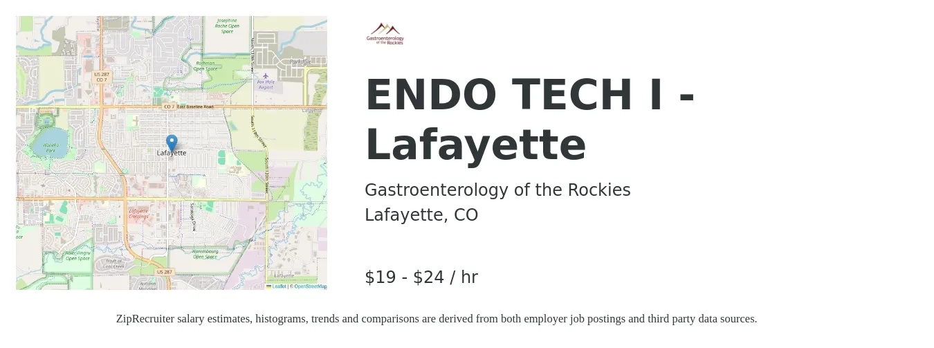 Gastroenterology of the Rockies job posting for a ENDO TECH I - Lafayette in Lafayette, CO with a salary of $20 to $25 Hourly with a map of Lafayette location.