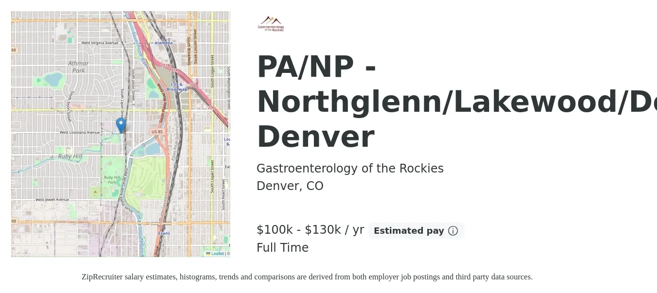 Gastroenterology of the Rockies job posting for a PA/NP - Northglenn/Lakewood/Downtown Denver in Denver, CO with a salary of $100,000 to $130,000 Yearly with a map of Denver location.