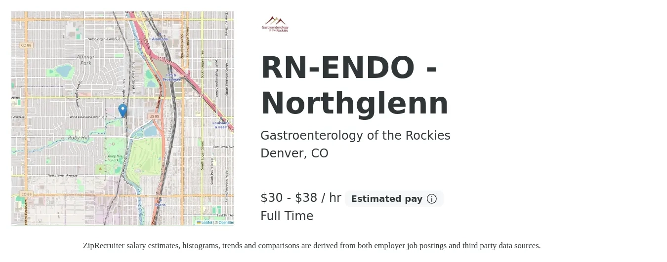 Gastroenterology of the Rockies job posting for a RN-ENDO - Northglenn in Denver, CO with a salary of $32 to $40 Hourly with a map of Denver location.