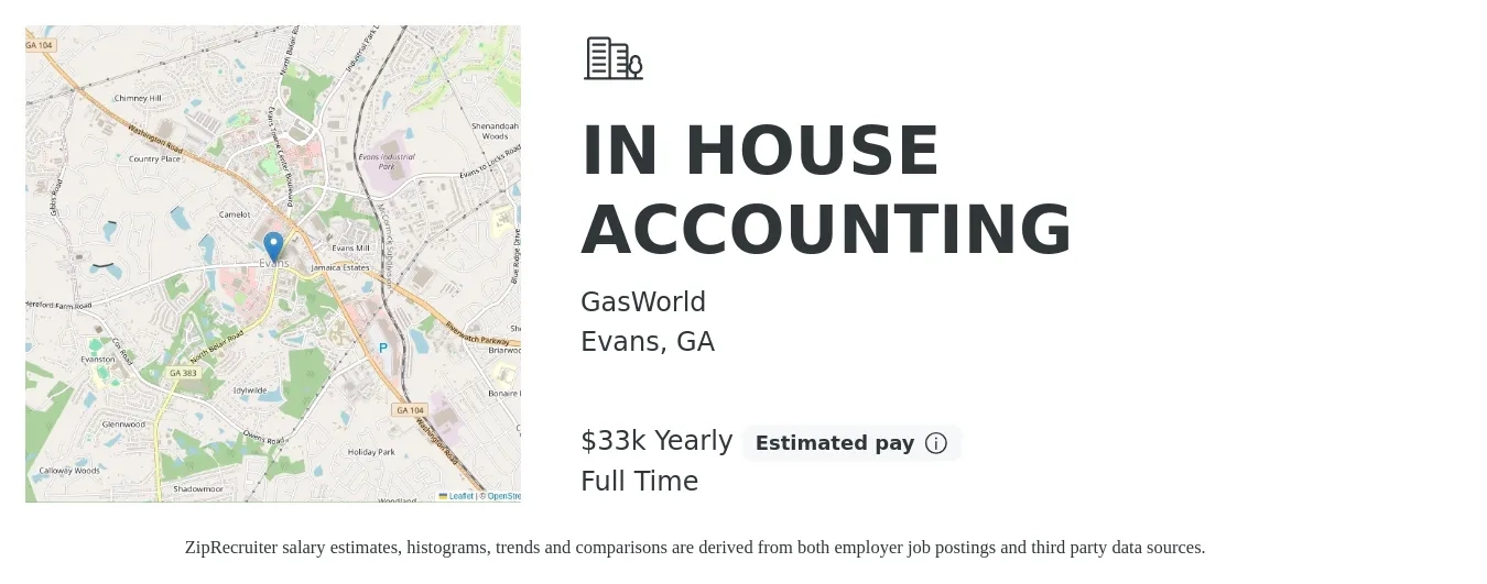 GasWorld job posting for a IN HOUSE ACCOUNTING in Evans, GA with a salary of $33,000 Yearly with a map of Evans location.