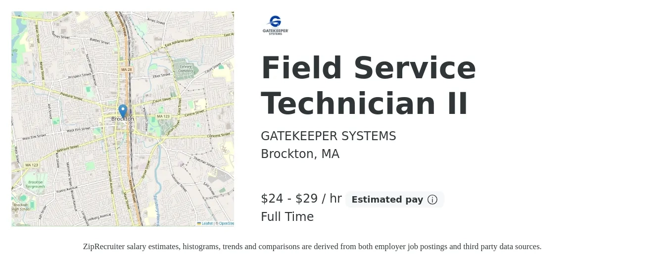 GATEKEEPER SYSTEMS job posting for a Field Service Technician II in Brockton, MA with a salary of $25 to $31 Hourly with a map of Brockton location.