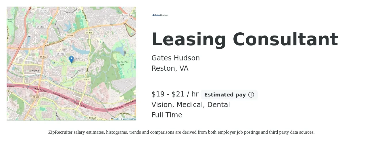 Gates Hudson job posting for a Leasing Consultant in Reston, VA with a salary of $20 to $22 Hourly and benefits including dental, medical, pto, retirement, and vision with a map of Reston location.