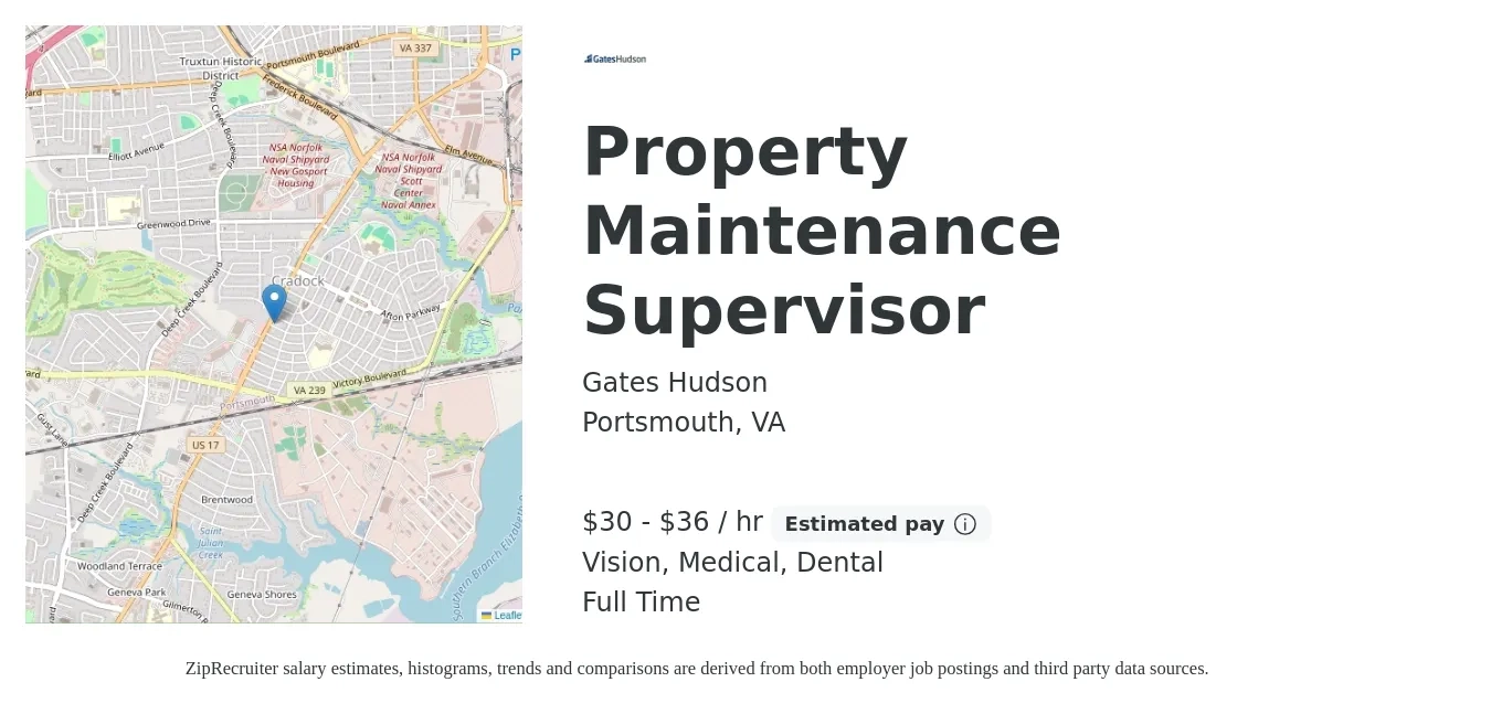 Gates Hudson job posting for a Property Maintenance Supervisor in Portsmouth, VA with a salary of $32 to $38 Hourly and benefits including medical, pto, retirement, vision, and dental with a map of Portsmouth location.
