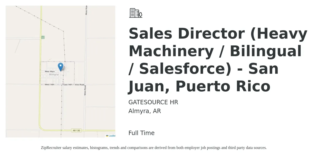 GATESOURCE HR job posting for a Sales Director (Heavy Machinery / Bilingual / Salesforce) - San Juan, Puerto Rico in Almyra, AR with a salary of $65,100 to $115,300 Yearly with a map of Almyra location.