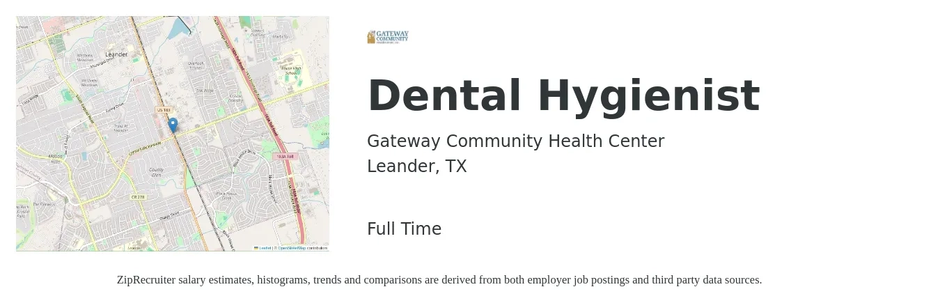 Gateway Community Health Center job posting for a Dental Hygienist in Leander, TX with a salary of $36 to $48 Hourly with a map of Leander location.