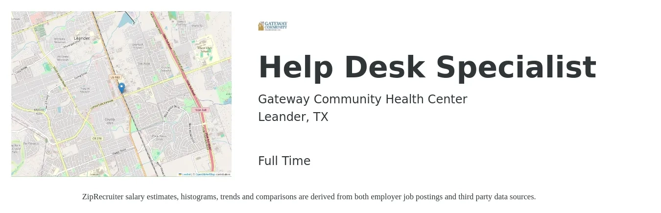Gateway Community Health Center job posting for a Help Desk Specialist in Leander, TX with a salary of $20 to $29 Hourly with a map of Leander location.