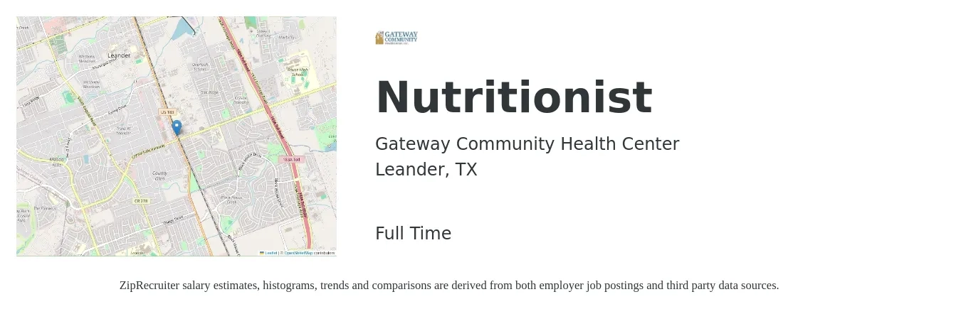 Gateway Community Health Center job posting for a Nutritionist in Leander, TX with a salary of $40,100 to $58,300 Yearly with a map of Leander location.