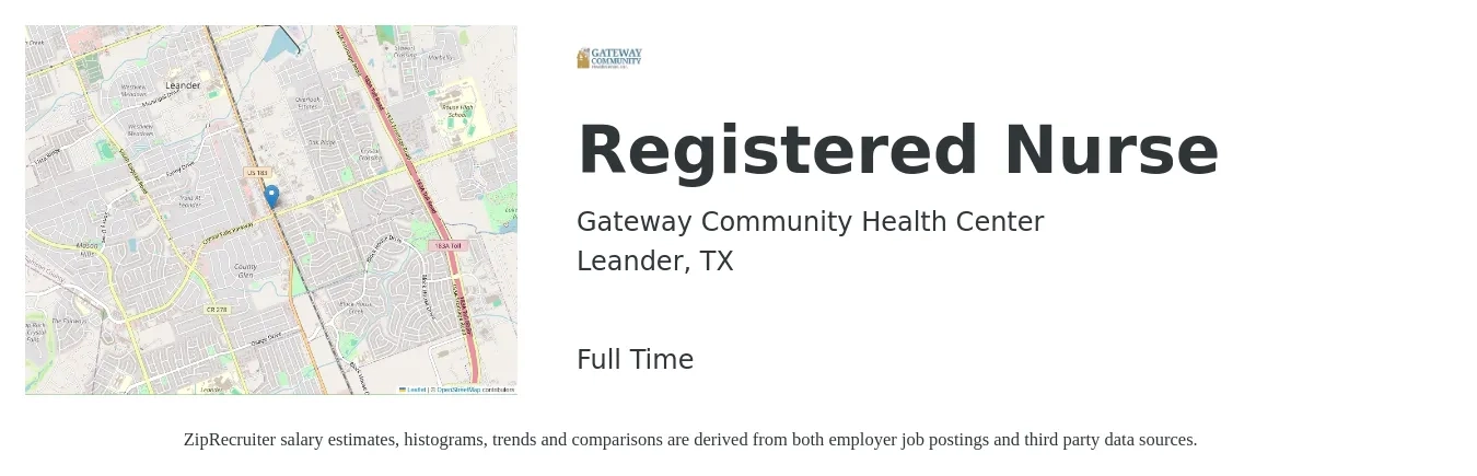 Gateway Community Health Center job posting for a Registered Nurse in Leander, TX with a salary of $31 to $50 Hourly with a map of Leander location.