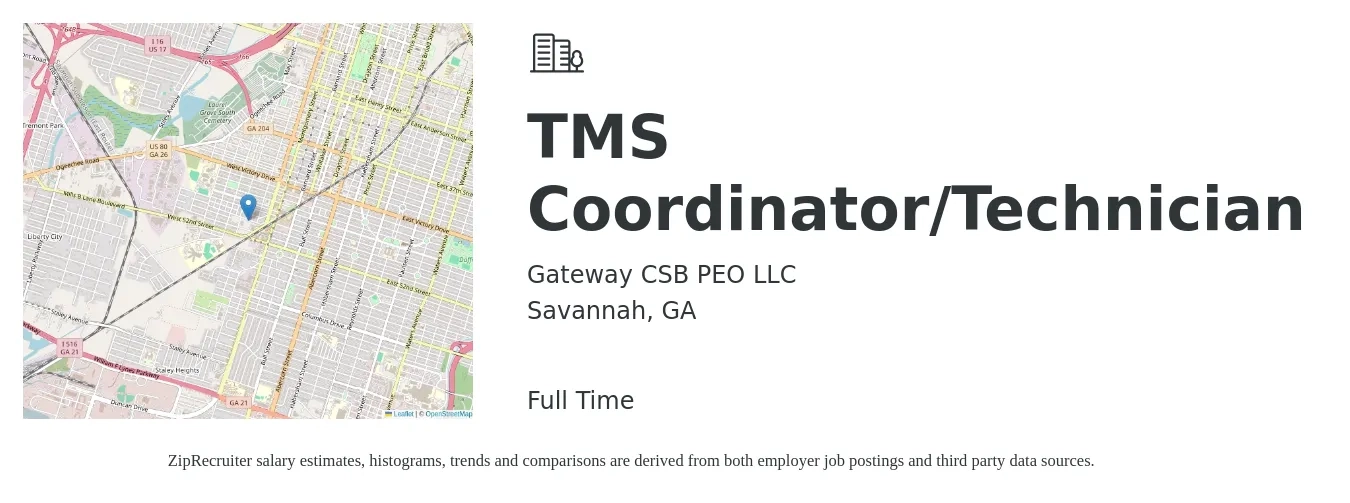 Gateway CSB PEO LLC job posting for a TMS Coordinator/Technician in Savannah, GA with a salary of $17 to $26 Hourly with a map of Savannah location.