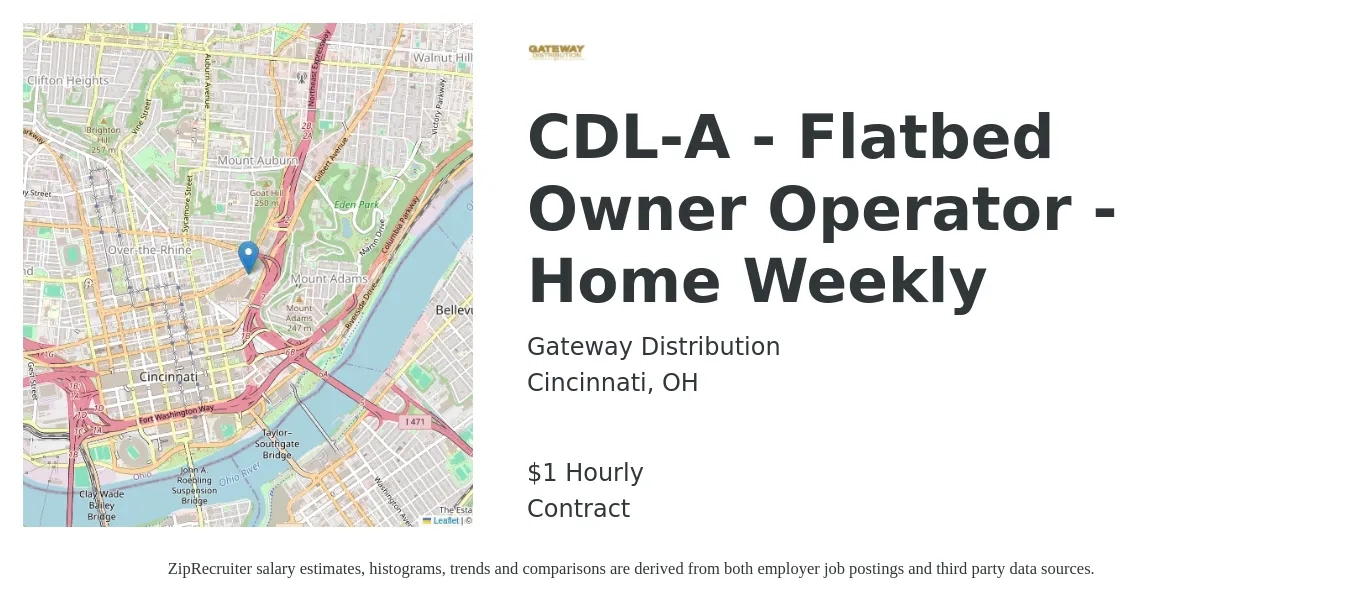 Gateway Distribution job posting for a CDL-A - Flatbed Owner Operator - Home Weekly in Cincinnati, OH with a salary of $1 to $2 Hourly with a map of Cincinnati location.