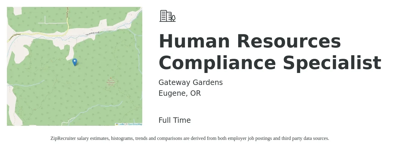 Gateway Gardens job posting for a Human Resources Compliance Specialist in Eugene, OR with a salary of $25 to $35 Hourly with a map of Eugene location.