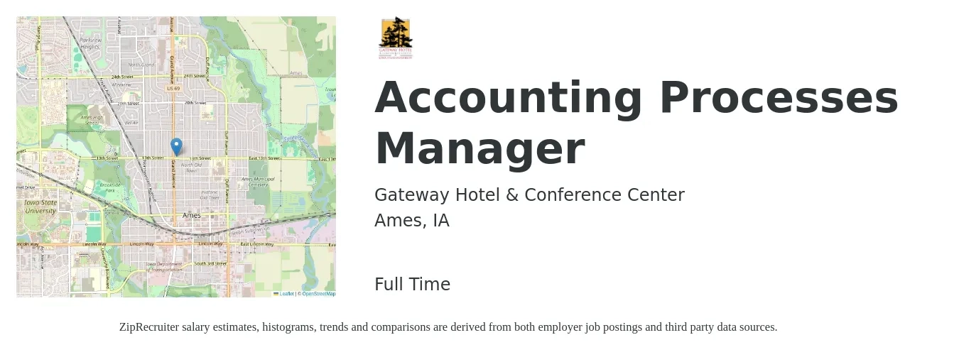 Gateway Hotel & Conference Center job posting for a Accounting Processes Manager in Ames, IA with a salary of $64,600 to $92,700 Yearly with a map of Ames location.