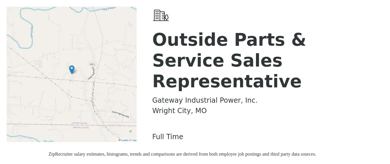 Gateway Industrial Power, Inc. job posting for a Outside Parts & Service Sales Representative in Wright City, MO with a salary of $49,500 to $84,900 Yearly with a map of Wright City location.