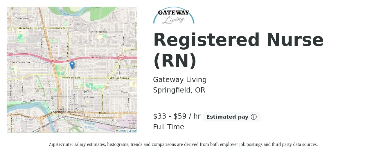 Gateway Living job posting for a Registered Nurse (RN) in Springfield, OR with a salary of $35 to $61 Hourly with a map of Springfield location.