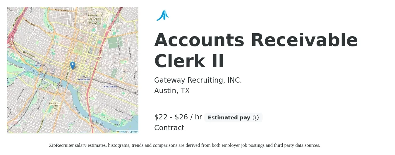 Gateway Recruiting, INC. job posting for a Accounts Receivable Clerk II in Austin, TX with a salary of $23 to $28 Hourly with a map of Austin location.