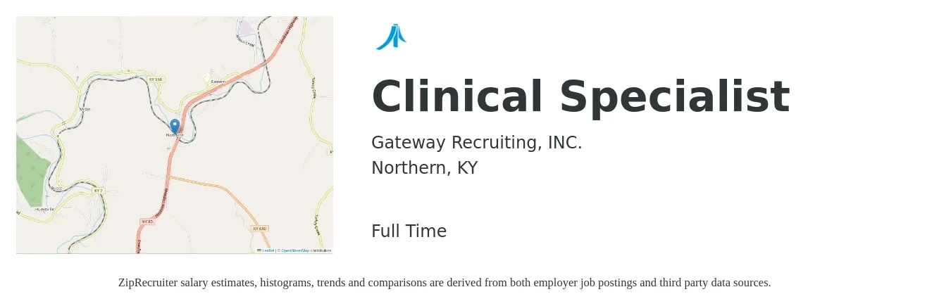 Gateway Recruiting, INC. job posting for a Clinical Specialist in Northern, KY with a salary of $33,200 to $61,200 Yearly with a map of Northern location.