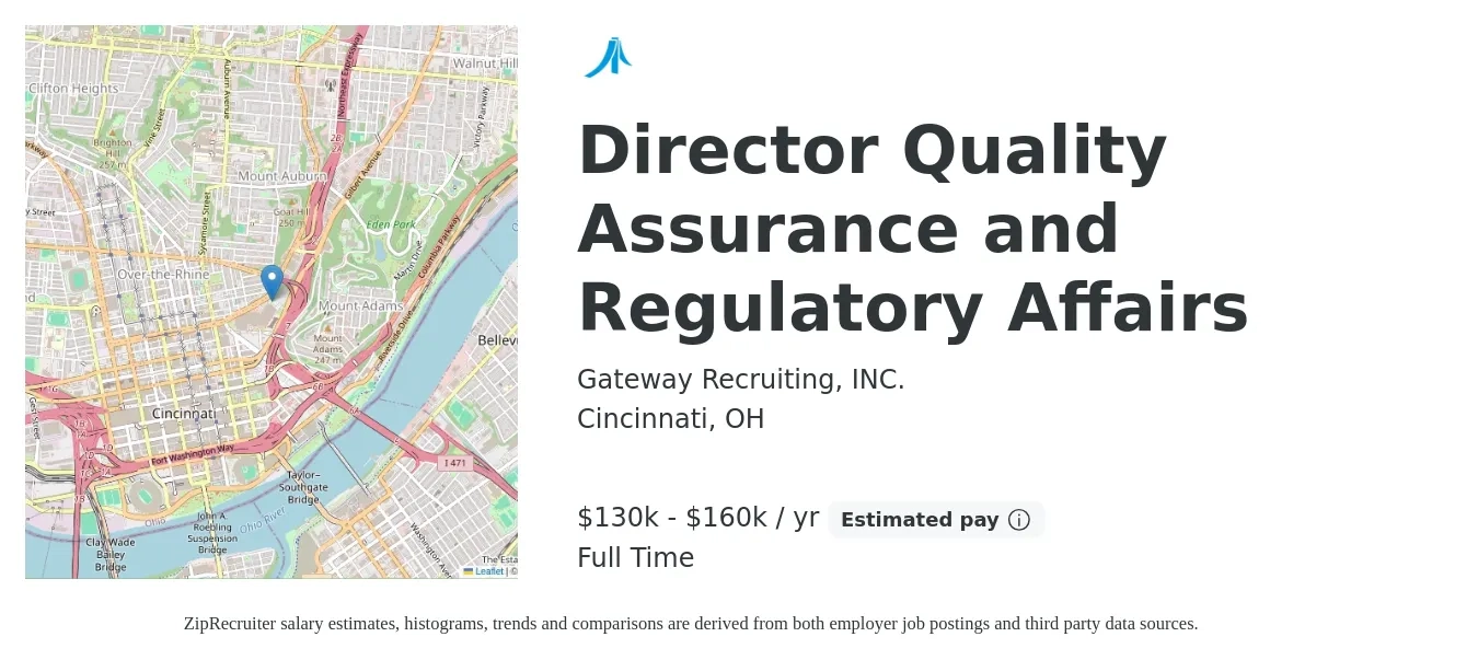 Gateway Recruiting, INC. job posting for a Director Quality Assurance and Regulatory Affairs in Cincinnati, OH with a salary of $130,000 to $160,000 Yearly with a map of Cincinnati location.
