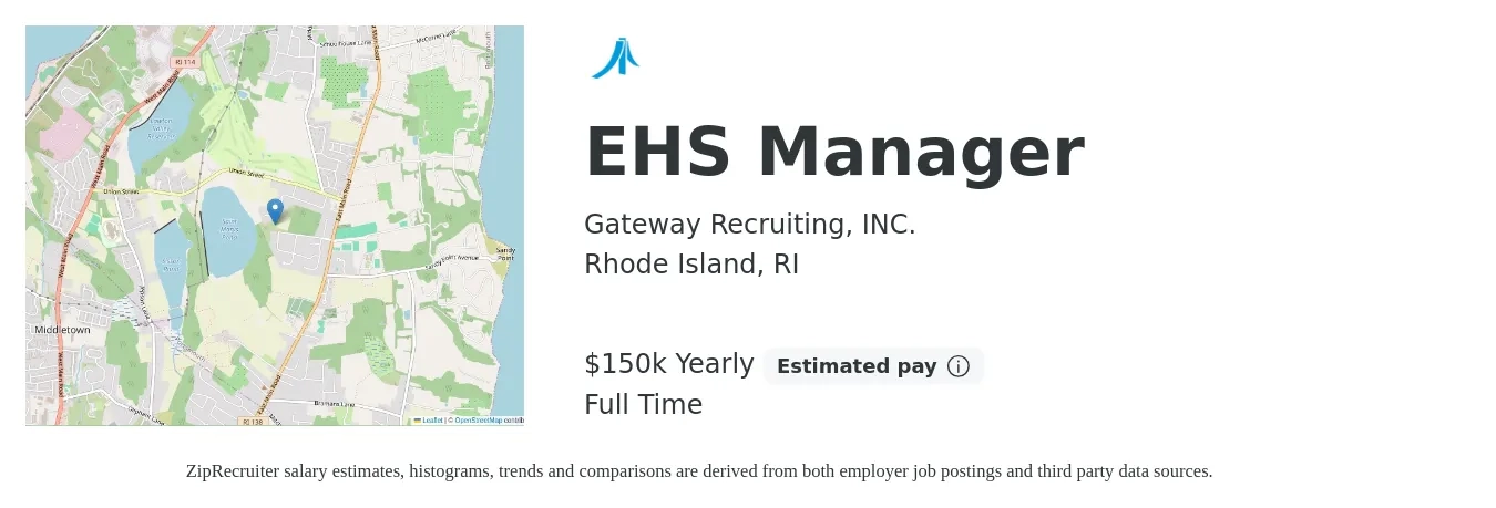 Gateway Recruiting, INC. job posting for a EHS Manager in Rhode Island, RI with a salary of $150,000 Yearly with a map of Rhode Island location.