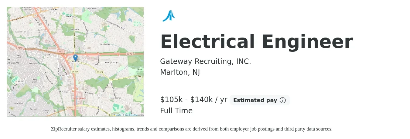 Gateway Recruiting, INC. job posting for a Electrical Engineer in Marlton, NJ with a salary of $105,000 to $140,000 Yearly with a map of Marlton location.