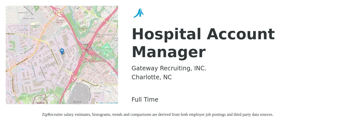 Gateway Recruiting, INC. job posting for a Hospital Account Manager in Charlotte, NC with a salary of $46,900 to $76,700 Yearly with a map of Charlotte location.