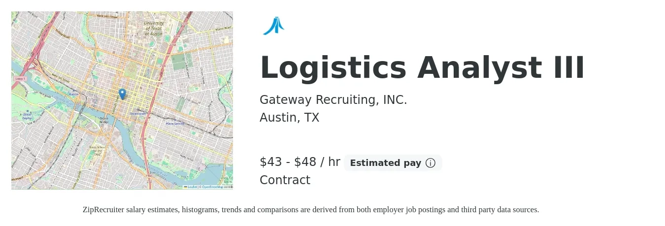 Gateway Recruiting, INC. job posting for a Logistics Analyst III in Austin, TX with a salary of $45 to $50 Hourly with a map of Austin location.