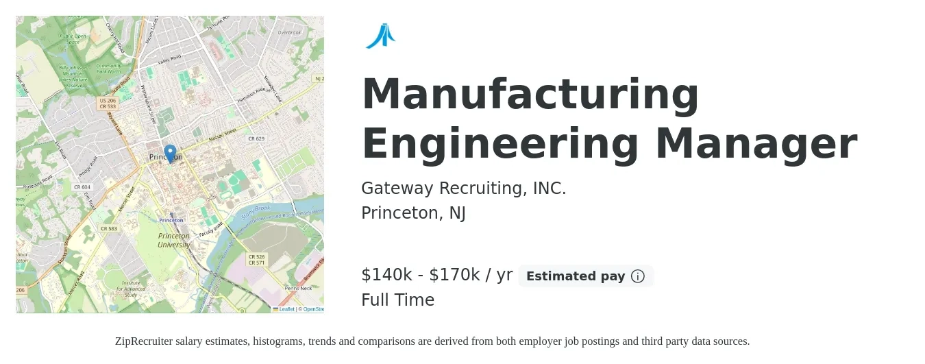 Gateway Recruiting, INC. job posting for a Manufacturing Engineering Manager in Princeton, NJ with a salary of $140,000 to $170,000 Yearly with a map of Princeton location.