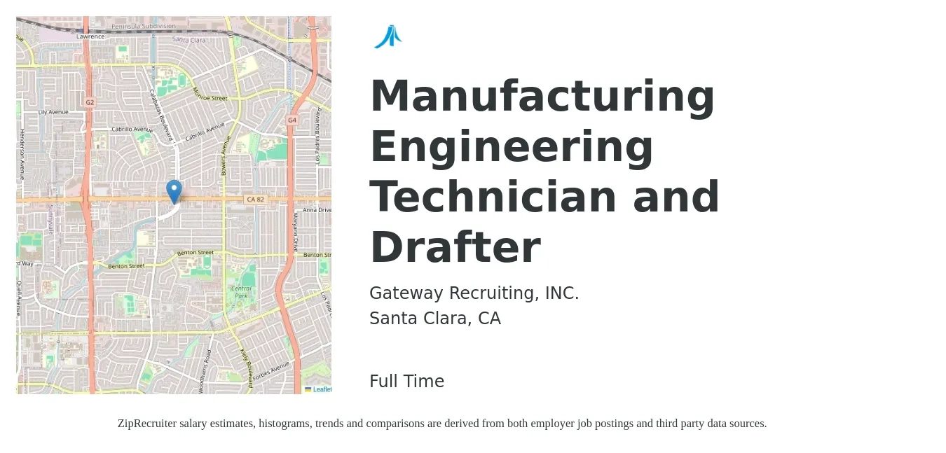 Gateway Recruiting, INC. job posting for a Manufacturing Engineering Technician and Drafter in Santa Clara, CA with a salary of $75,000 to $100,000 Yearly with a map of Santa Clara location.