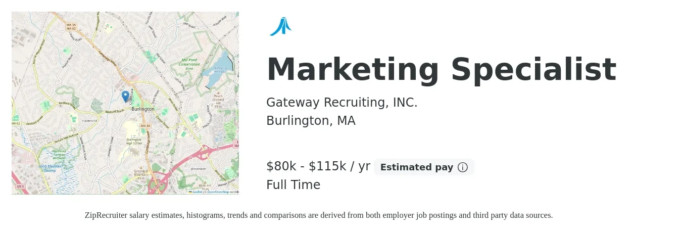 Gateway Recruiting, INC. job posting for a Marketing Specialist in Burlington, MA with a salary of $80,000 to $115,000 Yearly with a map of Burlington location.
