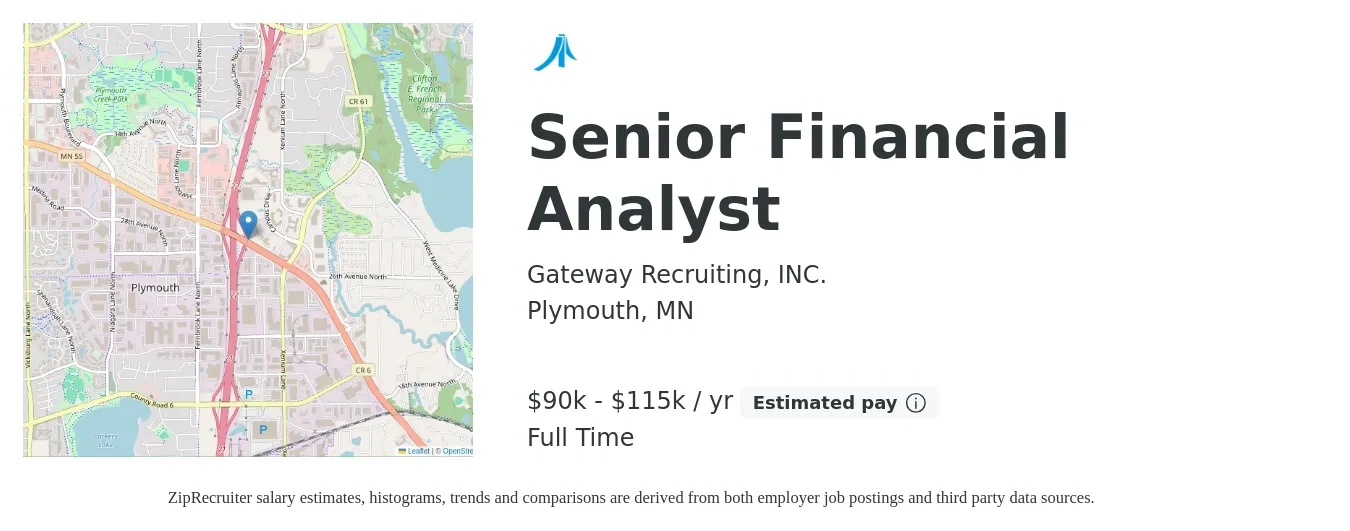 Gateway Recruiting, INC. job posting for a Senior Financial Analyst in Plymouth, MN with a salary of $90,000 to $115,000 Yearly with a map of Plymouth location.