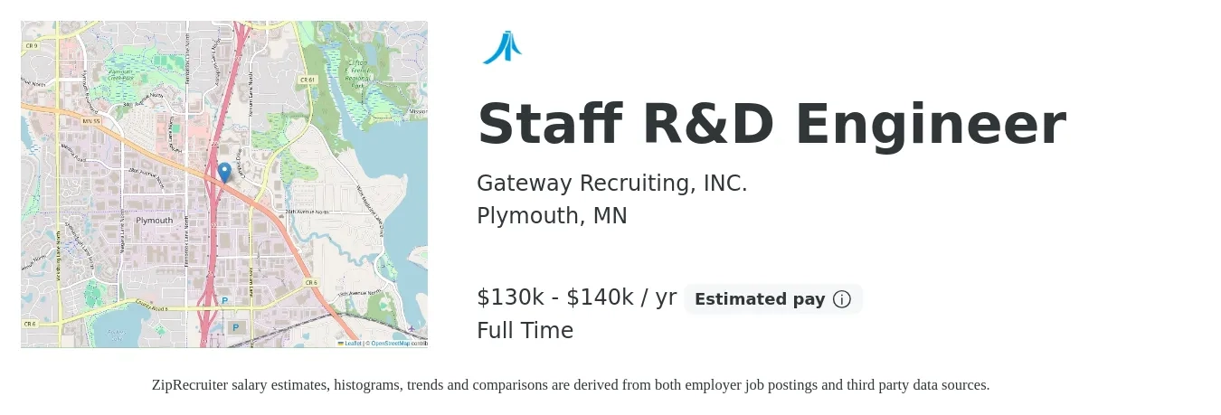 Gateway Recruiting, INC. job posting for a Staff R&D Engineer in Plymouth, MN with a salary of $130,000 to $140,000 Yearly with a map of Plymouth location.