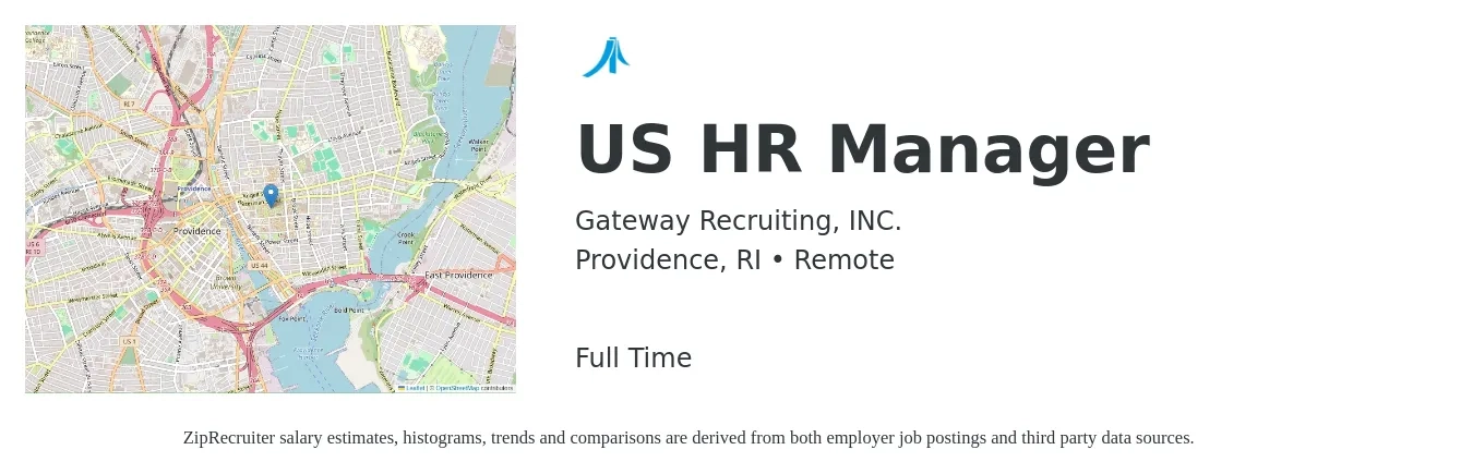 Gateway Recruiting, INC. job posting for a US HR Manager in Providence, RI with a salary of $69,700 to $101,000 Yearly with a map of Providence location.