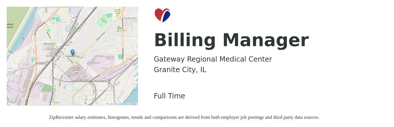 Gateway Regional Medical Center job posting for a Billing Manager in Granite City, IL with a salary of $57,600 to $81,000 Yearly with a map of Granite City location.