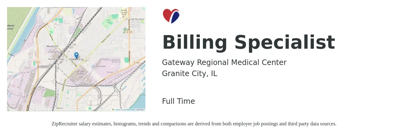 Gateway Regional Medical Center job posting for a Billing Specialist in Granite City, IL with a salary of $18 to $25 Hourly with a map of Granite City location.