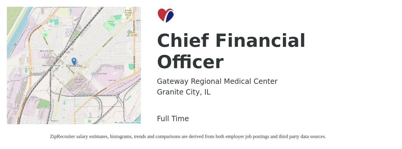 Gateway Regional Medical Center job posting for a Chief Financial Officer in Granite City, IL with a salary of $134,300 to $381,100 Yearly with a map of Granite City location.