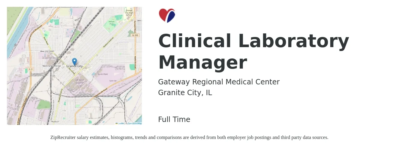 Gateway Regional Medical Center job posting for a Clinical Laboratory Manager in Granite City, IL with a salary of $58 to $73 Hourly with a map of Granite City location.
