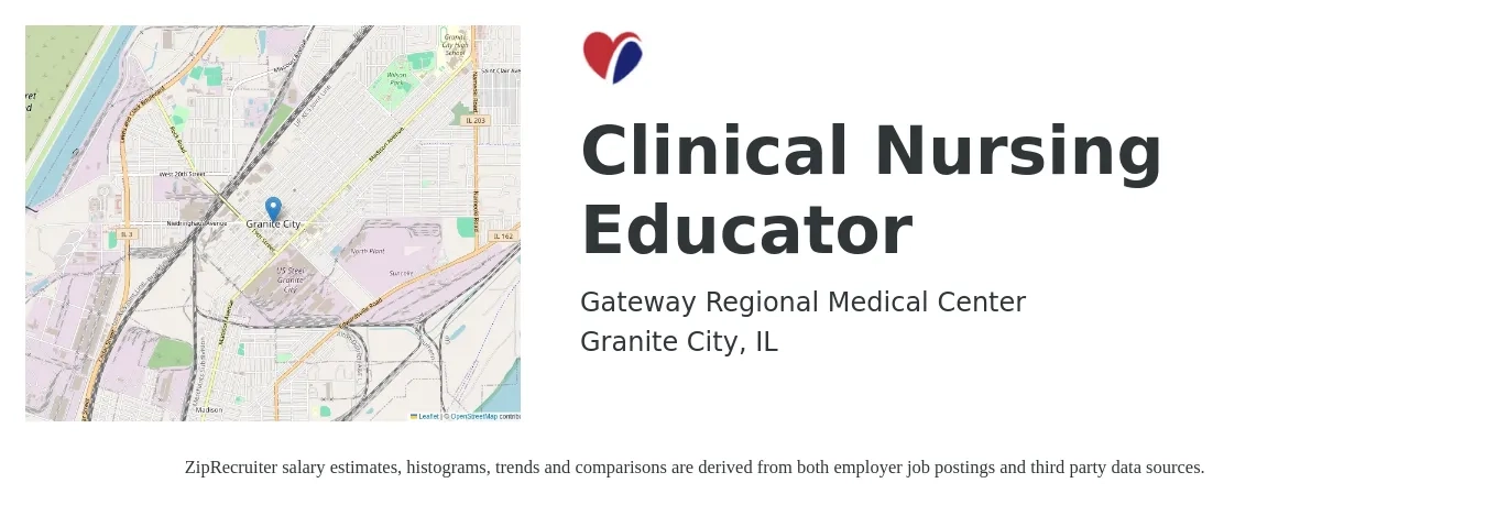 Gateway Regional Medical Center job posting for a Clinical Nursing Educator in Granite City, IL with a salary of $38 to $51 Hourly with a map of Granite City location.