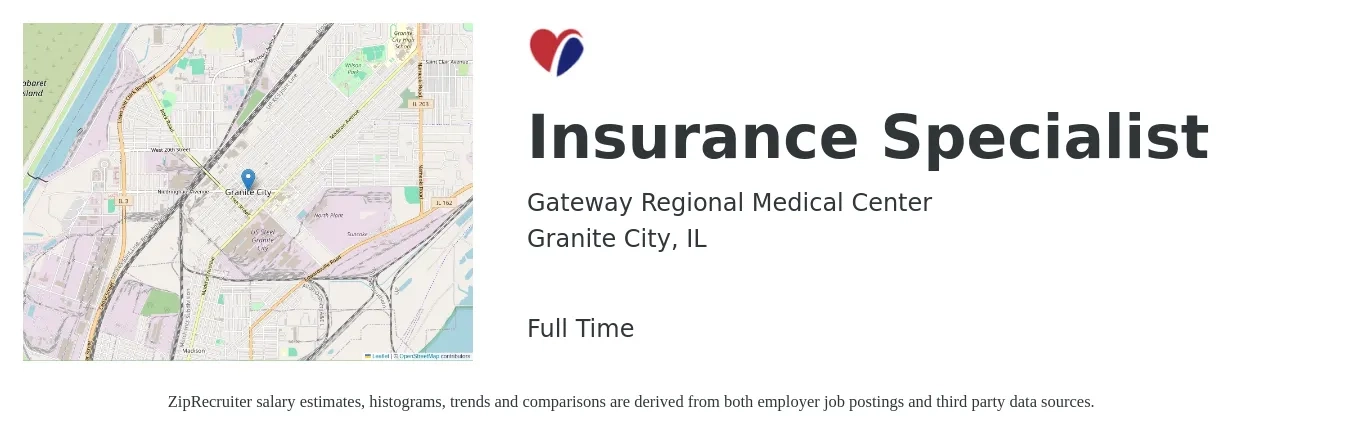 Gateway Regional Medical Center job posting for a Insurance Specialist in Granite City, IL with a salary of $36,700 to $70,500 Yearly with a map of Granite City location.