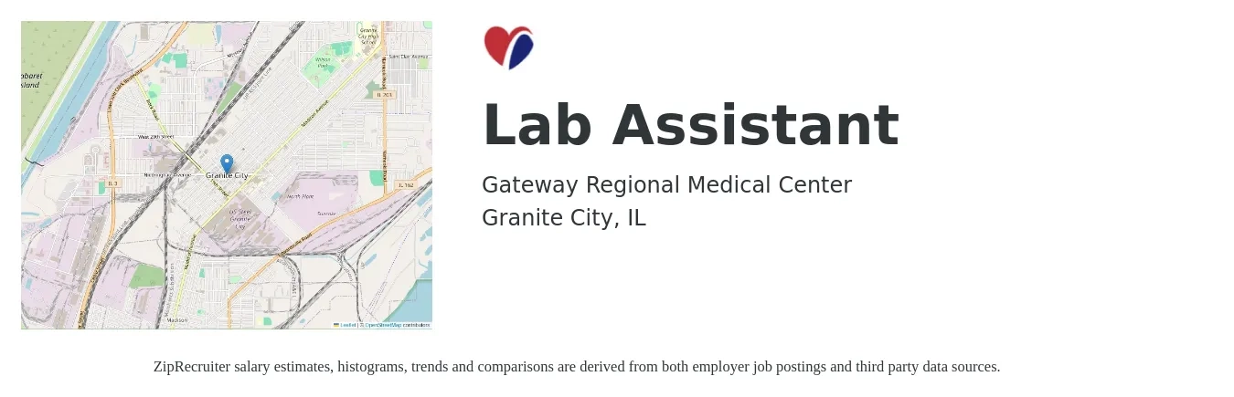 Gateway Regional Medical Center job posting for a Lab Assistant in Granite City, IL with a salary of $16 to $23 Hourly with a map of Granite City location.