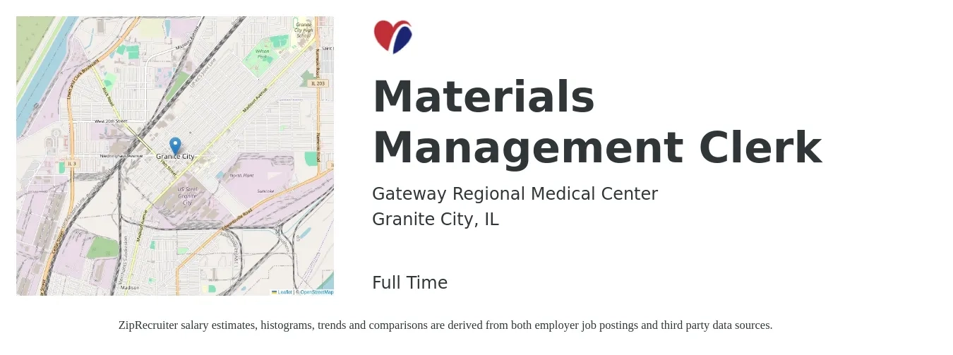 Gateway Regional Medical Center job posting for a Materials Management Clerk in Granite City, IL with a salary of $16 to $21 Hourly with a map of Granite City location.