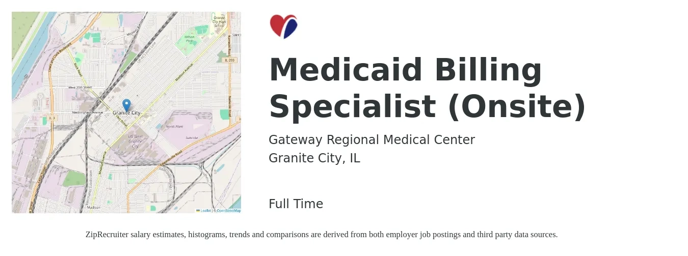 Gateway Regional Medical Center job posting for a Medicaid Billing Specialist (Onsite) in Granite City, IL with a salary of $18 to $25 Hourly with a map of Granite City location.