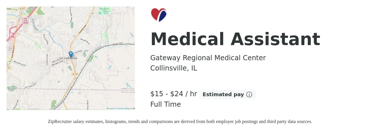 Gateway Regional Medical Center job posting for a Medical Assistant in Collinsville, IL with a salary of $16 to $25 Hourly with a map of Collinsville location.